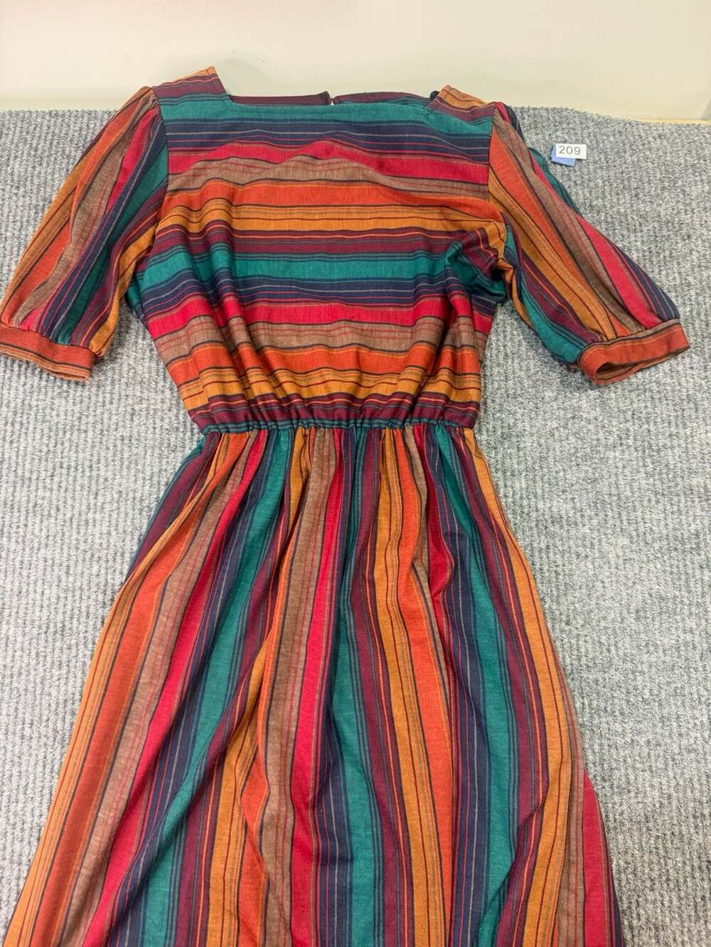 Vintage 1970s Striped Midi Dress Square Neck Puff Sleeve Boho Earth Tones XS / S